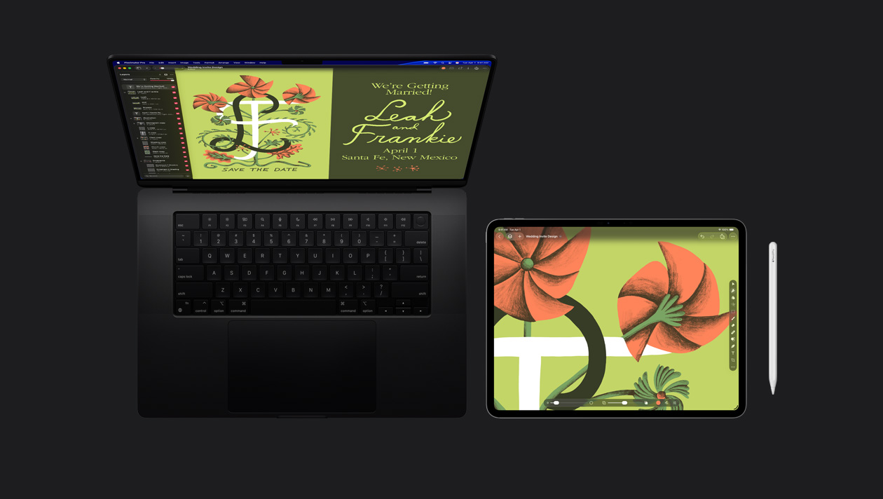 Pantalla de un MacBook Pro de 16 pulgadas que muestra la ilustración de una invitación a un matrimonio con una flor naranja estilizada sobre un fondo verde y las letras L y F con el texto “Save the date”, un iPad Pro muestra la ilustración de una flor naranja estilizada sobre un fondo verde y barras de herramientas visibles, un Apple Pencil a la derecha del iPad Pro