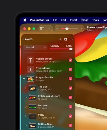 Pantalla de un MacBook Pro de 16 pulgadas con una ilustración colorida de una hamburguesa, herramientas de orden de Pixelmator Pro