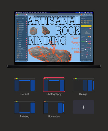 Pantalla de un MacBook Pro de 16 pulgadas, una imagen sobre artesanías con piedras, herramientas de ajuste de color y balance de blancos