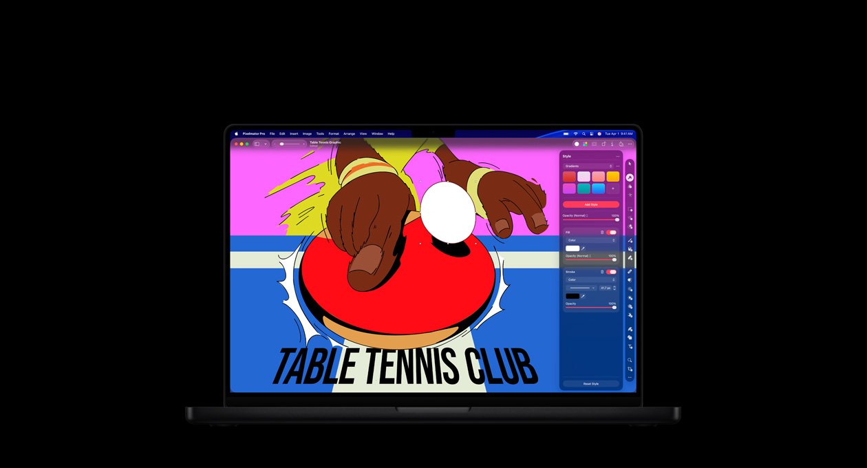 Pantalla de un MacBook Pro de 16 pulgadas, póster colorido de un club de tenis de mesa, herramientas de edición de color