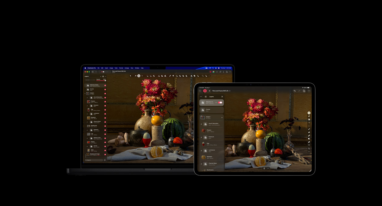Pantallas de un MacBook Pro de 16 pulgadas y un iPad Pro de 13 pulgadas, Pixelmator Pro, pintura de naturaleza muerta con flora y fauna, kit de herramientas para capas a la izquierda
