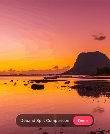 Imagen de una puesta de sol en la playa; en la parte inferior se muestra la herramienta de eliminación de bandas de color