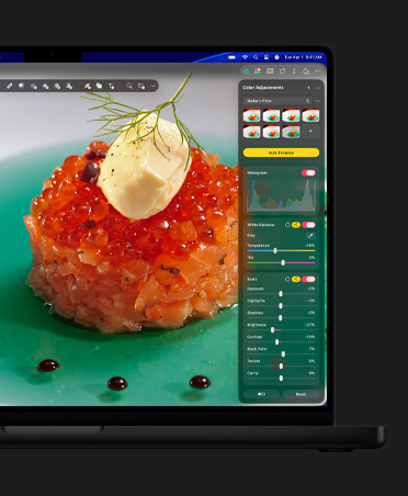 Pantalla de un MacBook Pro de 16 pulgadas, primer plano de caviar de salmón en un plato, herramienta de ajustes de color