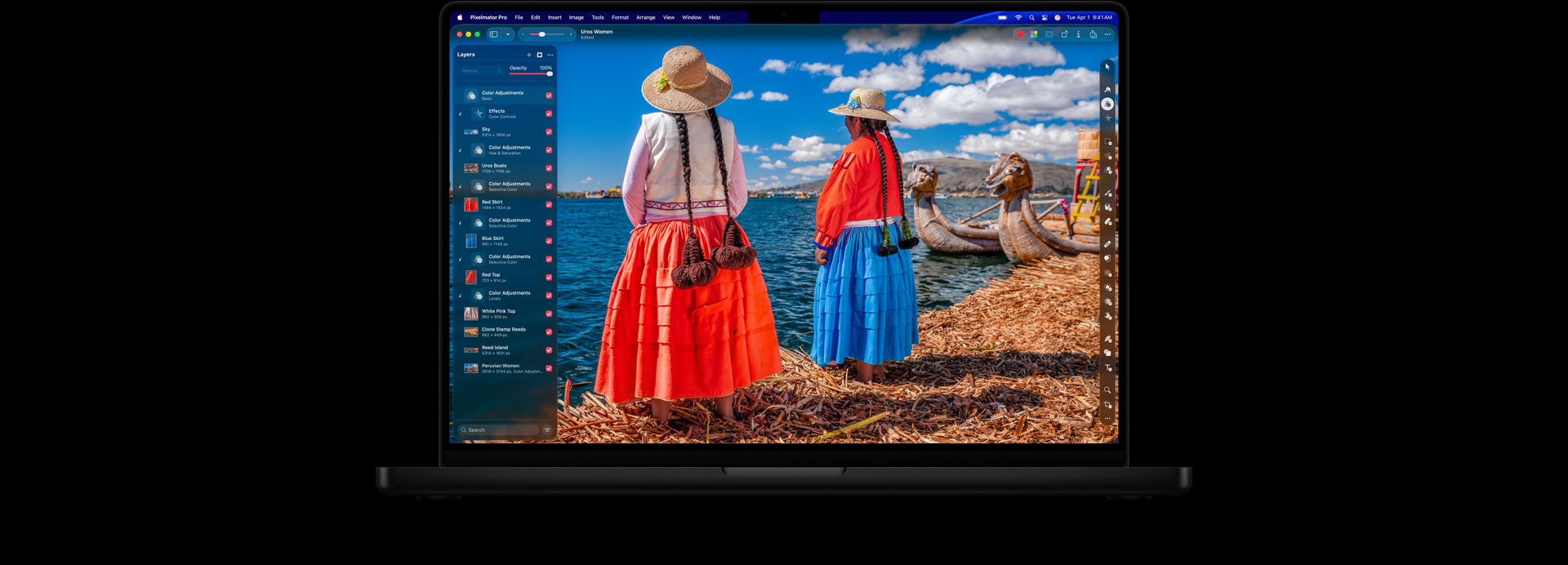 Pantalla de un MacBook Pro de 16 pulgadas, foto de dos mujeres uros con ropa colorida y brillante, herramientas de edición de colores