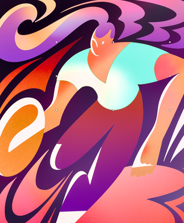 Ilustración estilizada y colorida de una mujer jugando básquetbol