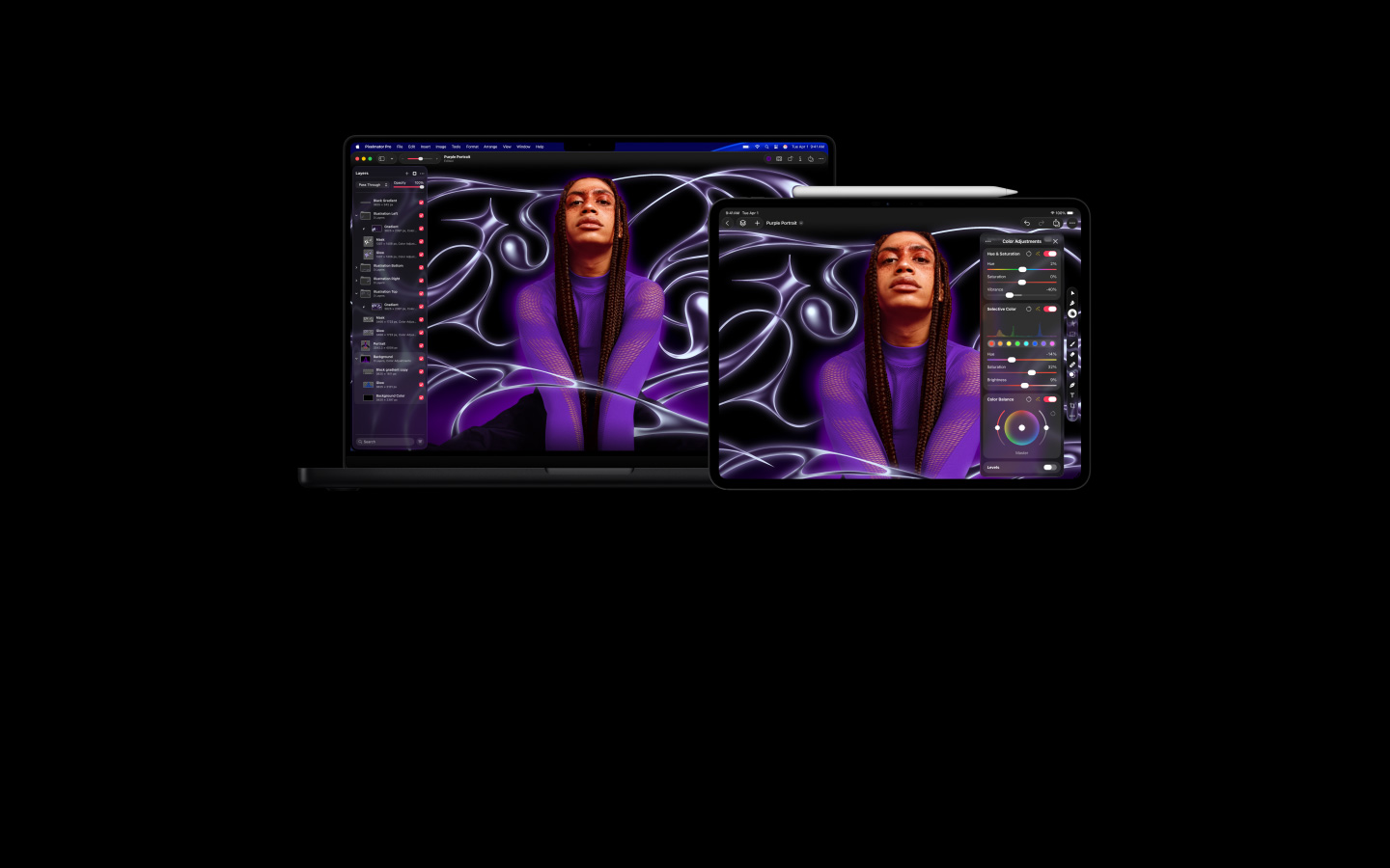 Bild einer Person mit Braids und einem violetten Pullover vor einem stilisierten abstrakten Hintergrund, das in ein 16 Zoll MacBook Pro und ein 13 Zoll iPad Pro übergeht, die Bildschirme zeigen den Pixelmator Pro Arbeitsbereich mit dem Ebenen-Fenster an der Seite, Bildbearbeitung