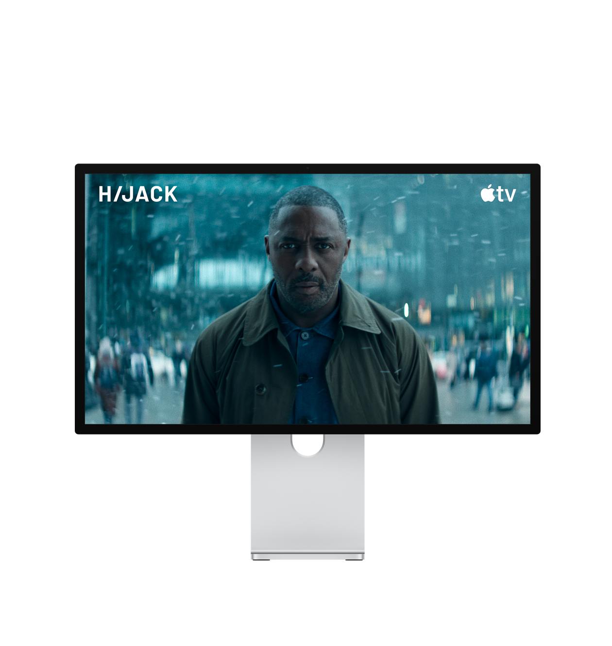 شاشة Studio Display XDR محاطة برسوم توضيحية لموجات صوتية، ومشهد من مسلسل Hijack معروض على الشاشة